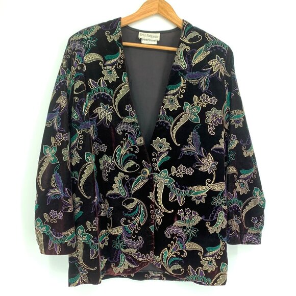 Vtg Velvet Blazer Jacket Très Paquette Byer M Black Green Gold Shoulder Pads 80s - Picture 13 of 13